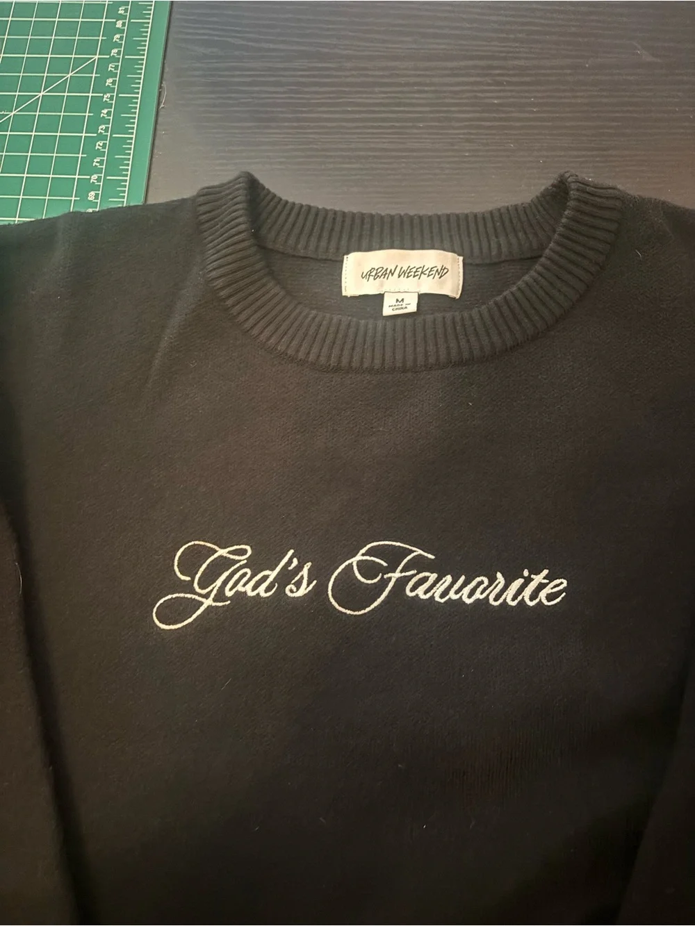 Urban Weekend Men black crewneck sweatshirt with white cursive text reading 'God